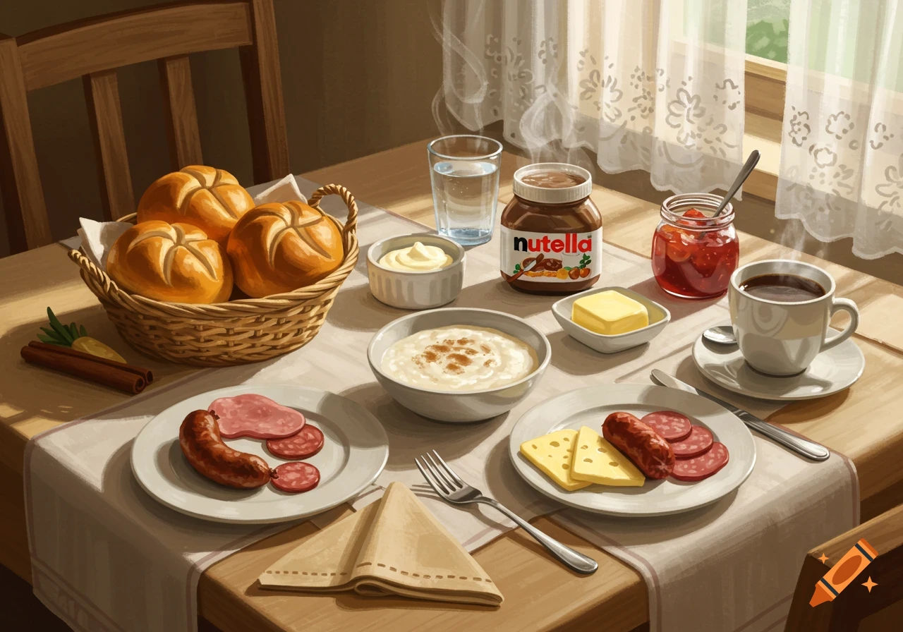 A cozy breakfast table spread with bread rolls, porridge, butter, Nutella, jam, sausage, cheese, coffee, and a glass of water, bathed in warm sunlight.
