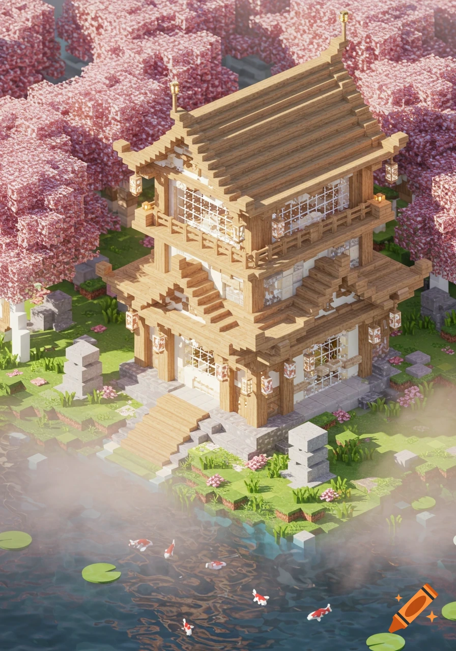 Voxel art rendering of a multi-tiered Japanese house by a koi pond with lily pads, surrounded by pink cherry blossom trees.