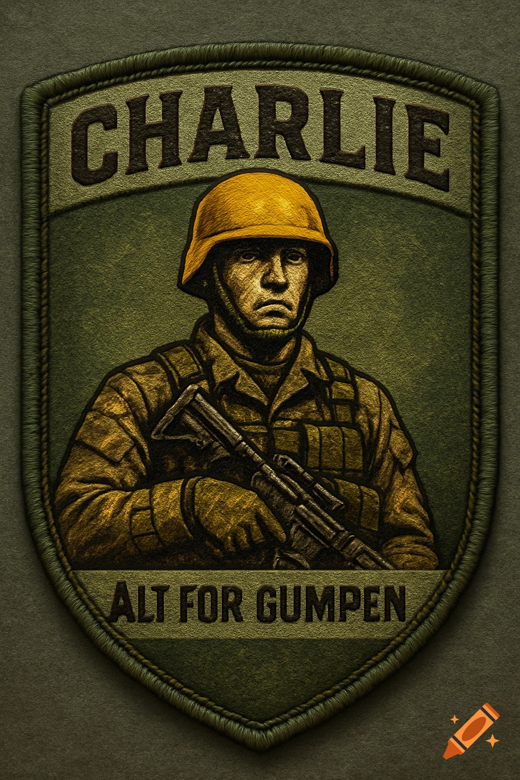 An embroidered military patch featuring a stylized soldier in a yellow helmet, with text 'CHARLIE' and 'ALT FOR GUMPEN'.