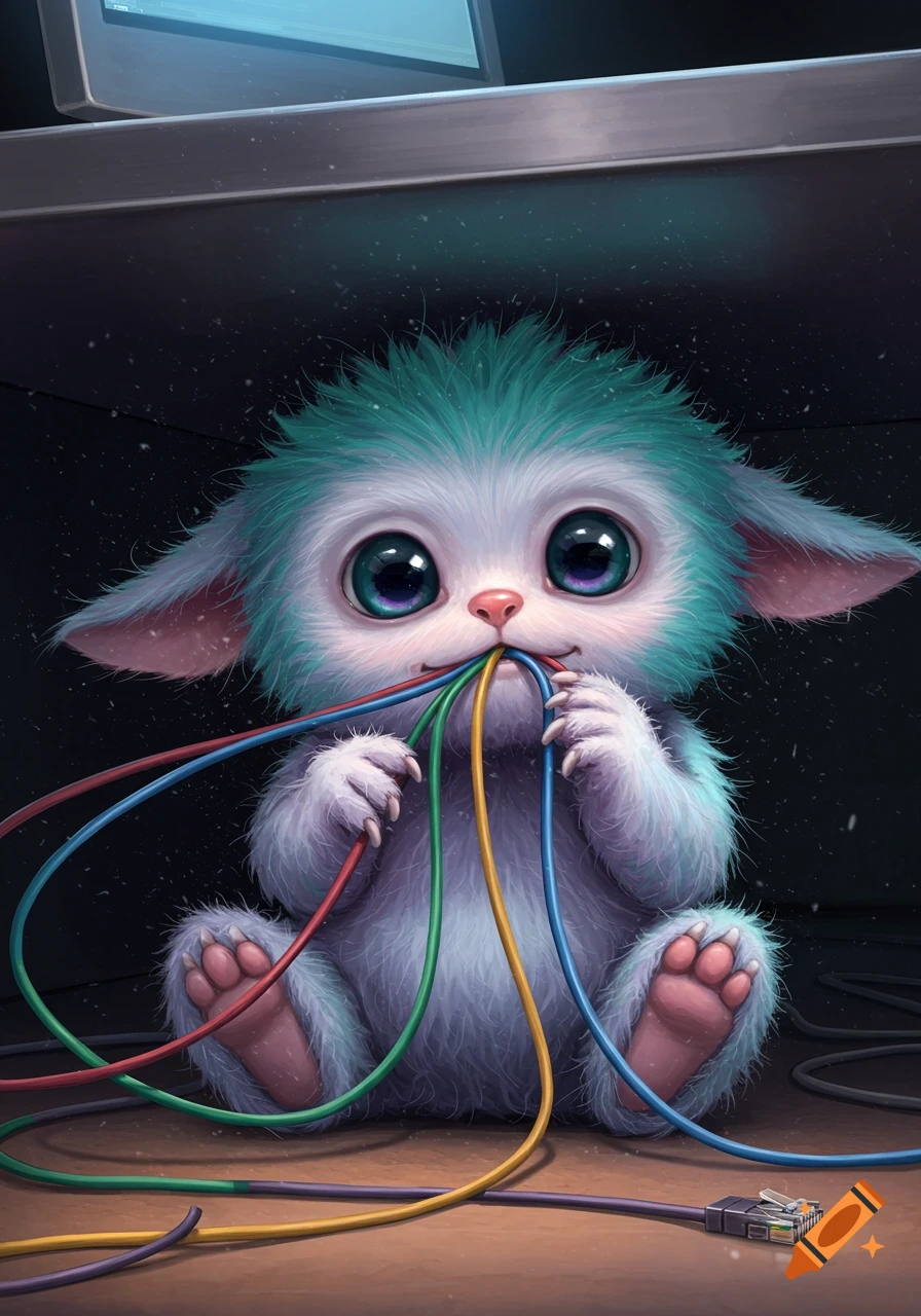 A cute, fluffy white and blue-green creature with large eyes chews on colorful ethernet cables under a desk, digital art.