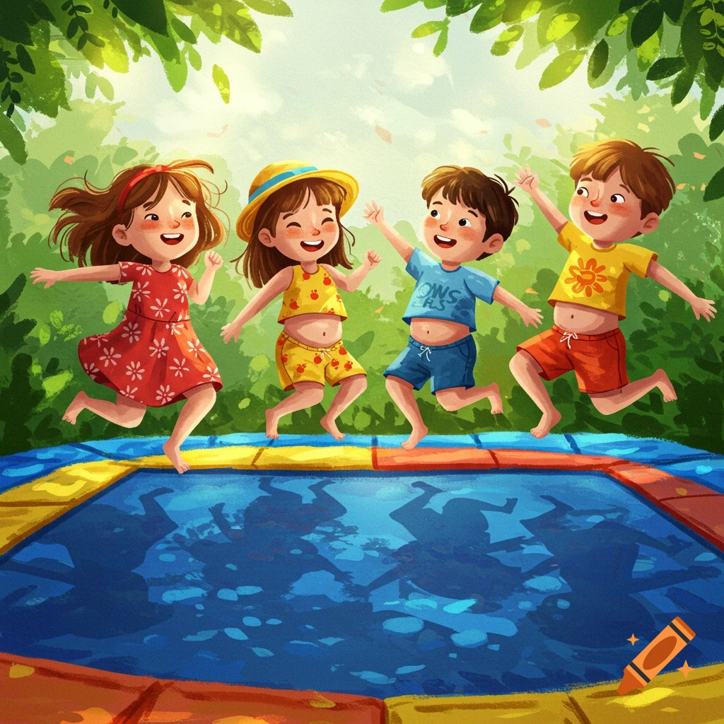 Four happy cartoon children jump barefoot on a blue trampoline outdoors under green leaves.