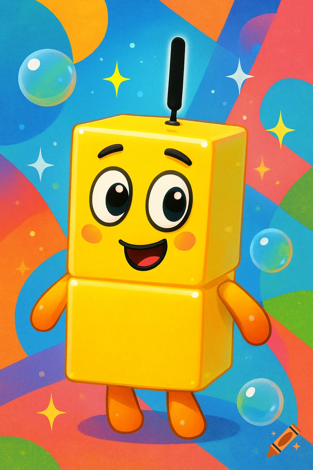 A happy yellow blocky number character with a '1' antenna, big eyes, and an open mouth smile, surrounded by bubbles and stars on a vibrant, colorful background.