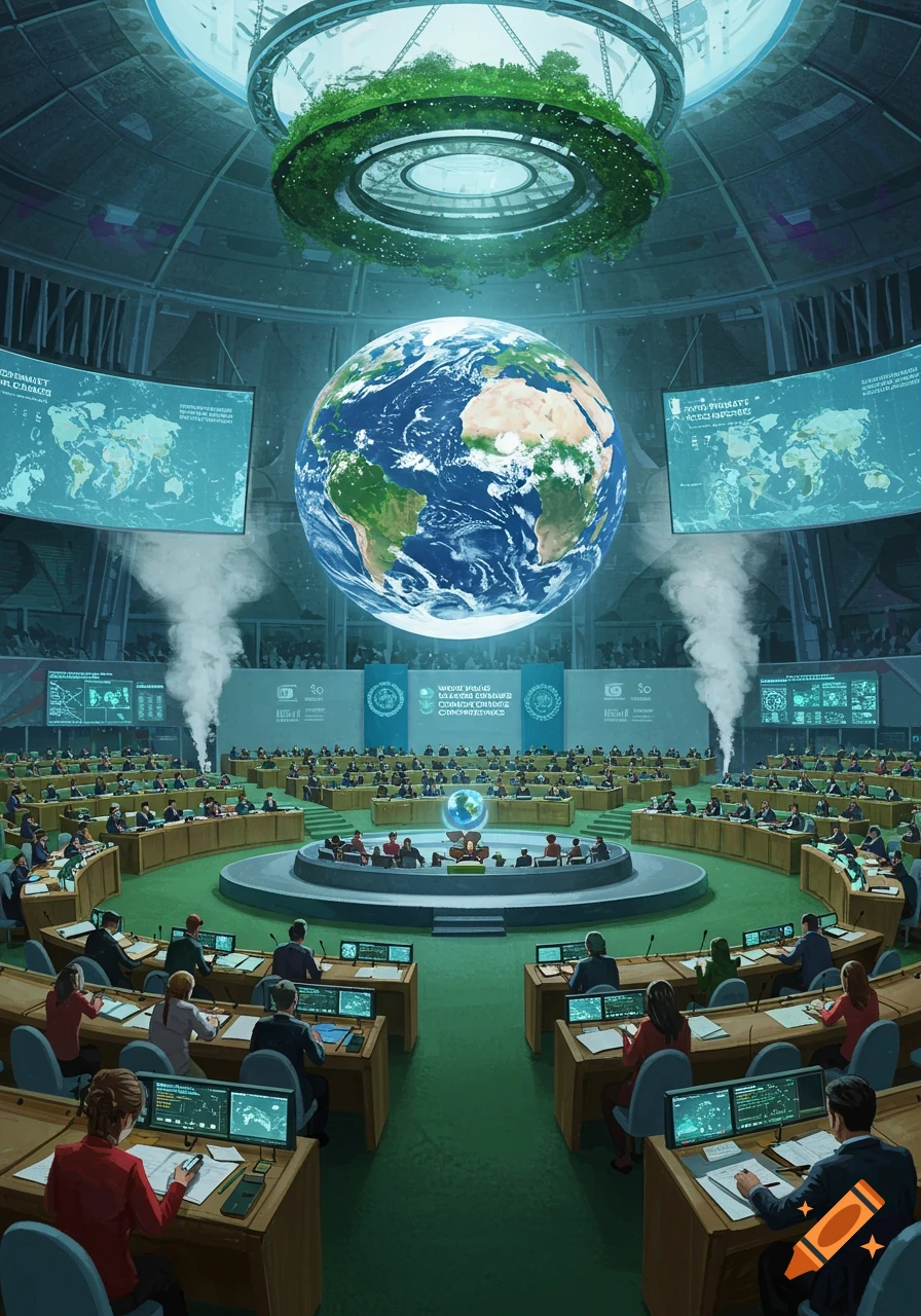 A futuristic climate change conference in a large dome, featuring a prominent Earth globe, multiple screens, and many attendees seated at desks.