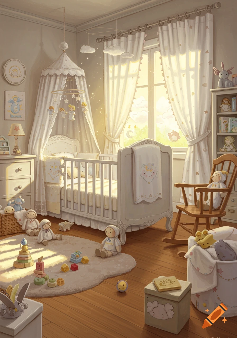 A warm, sunlit baby's nursery with a white crib, rocking chair, dresser, and various plush toys and wooden blocks on a rug.