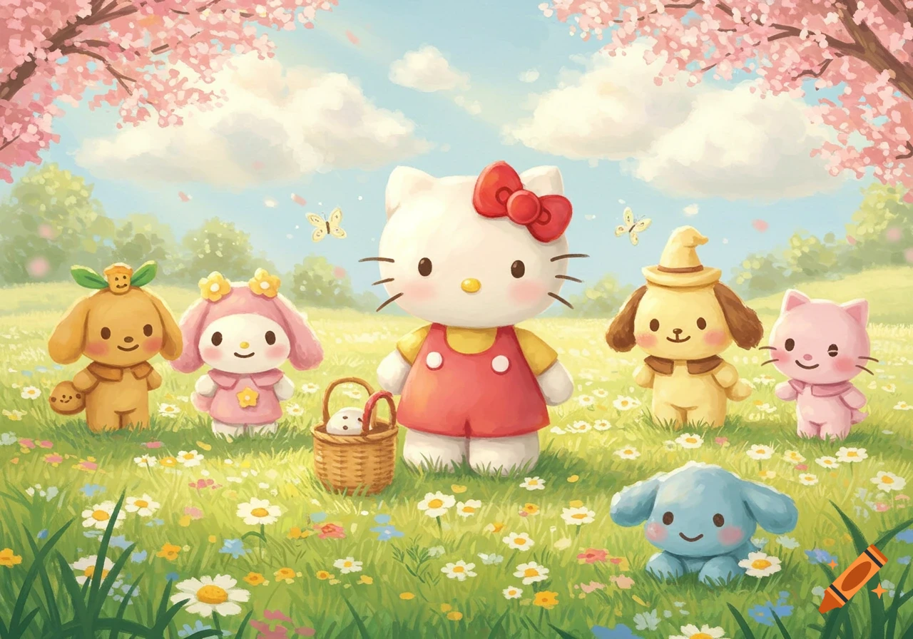 Hello Kitty and her Sanrio friends, including My Melody, Pompompurin, Cinnamoroll, and Pochacco, stand in a sunny spring meadow with cherry blossoms. Watercolor style.