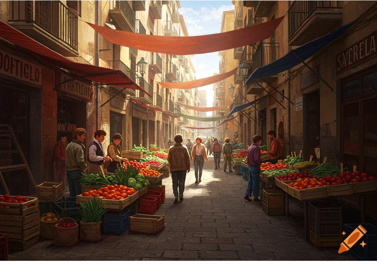 A bustling, old-world street market with vendors selling produce like tomatoes and leafy greens from wooden crates. Red and blue awnings hang above crowded shops lining the narrow street under a bright sky, in a painterly style.