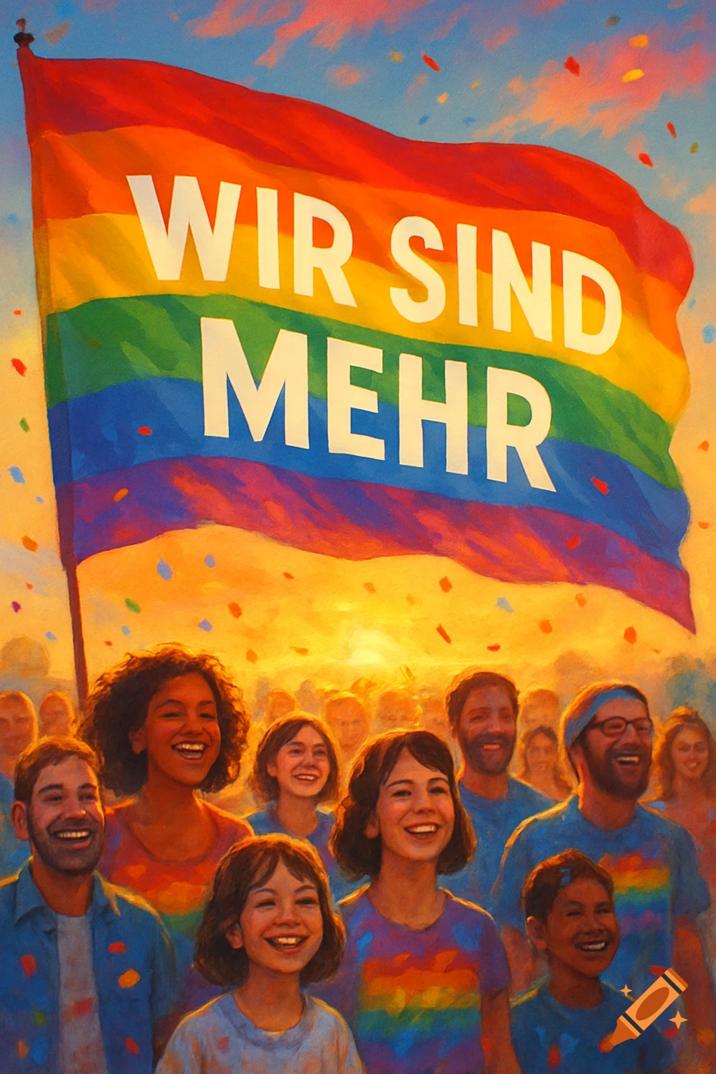 A vibrant, painterly image of a diverse, smiling crowd under a large rainbow flag displaying 'WIR SIND MEHR' (We Are More), with confetti.
