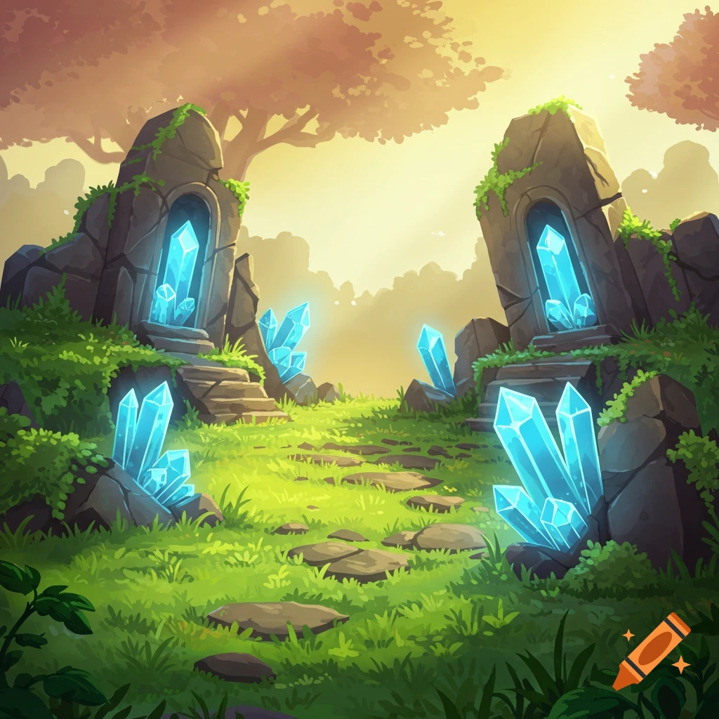 A colorful, cel-shaded fantasy landscape features ancient stone ruins with glowing blue crystals amidst bright green grass, under soft warm sunlight.