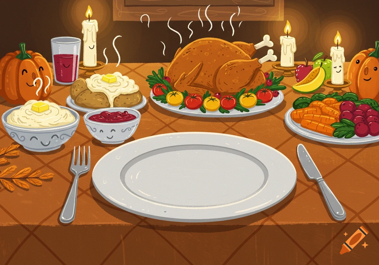 Cartoon Thanksgiving table with a roasted turkey, mashed potatoes, cranberry sauce, baked potatoes, carrots, pumpkins, and lit candles, with an empty plate in the foreground.