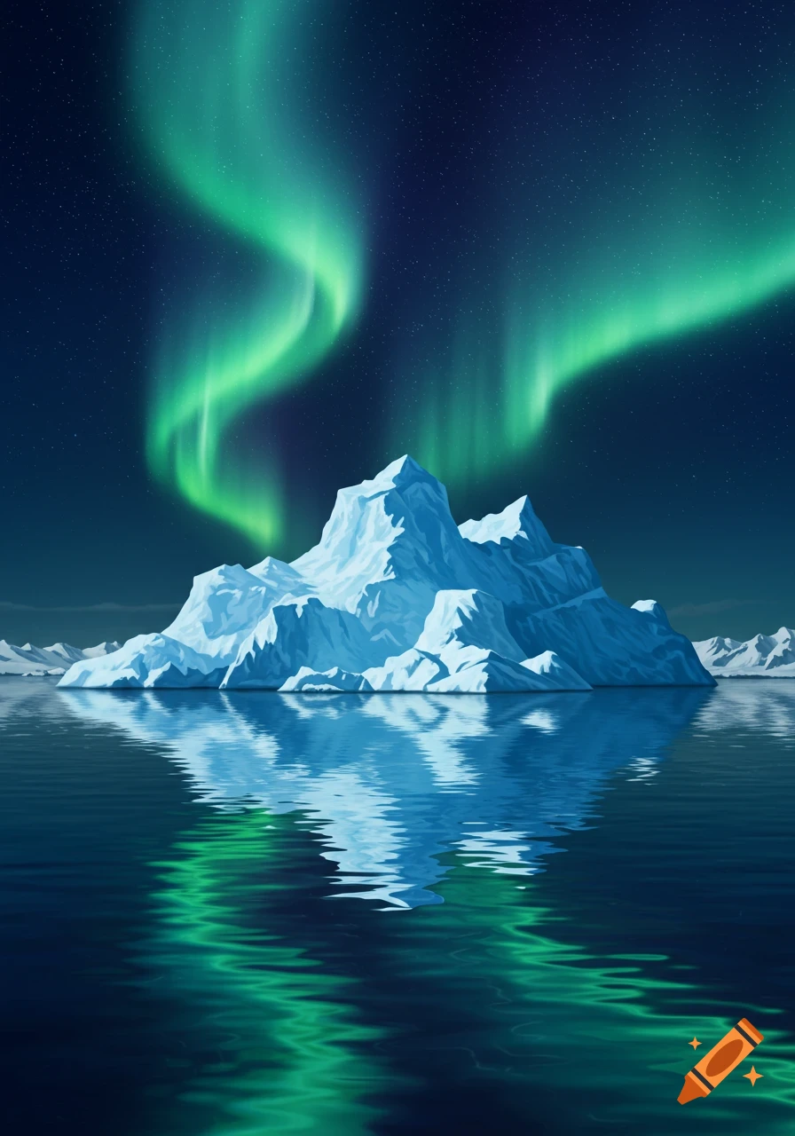A large, stylized iceberg floats in calm water under a vibrant green aurora borealis and starry night sky, with reflections.