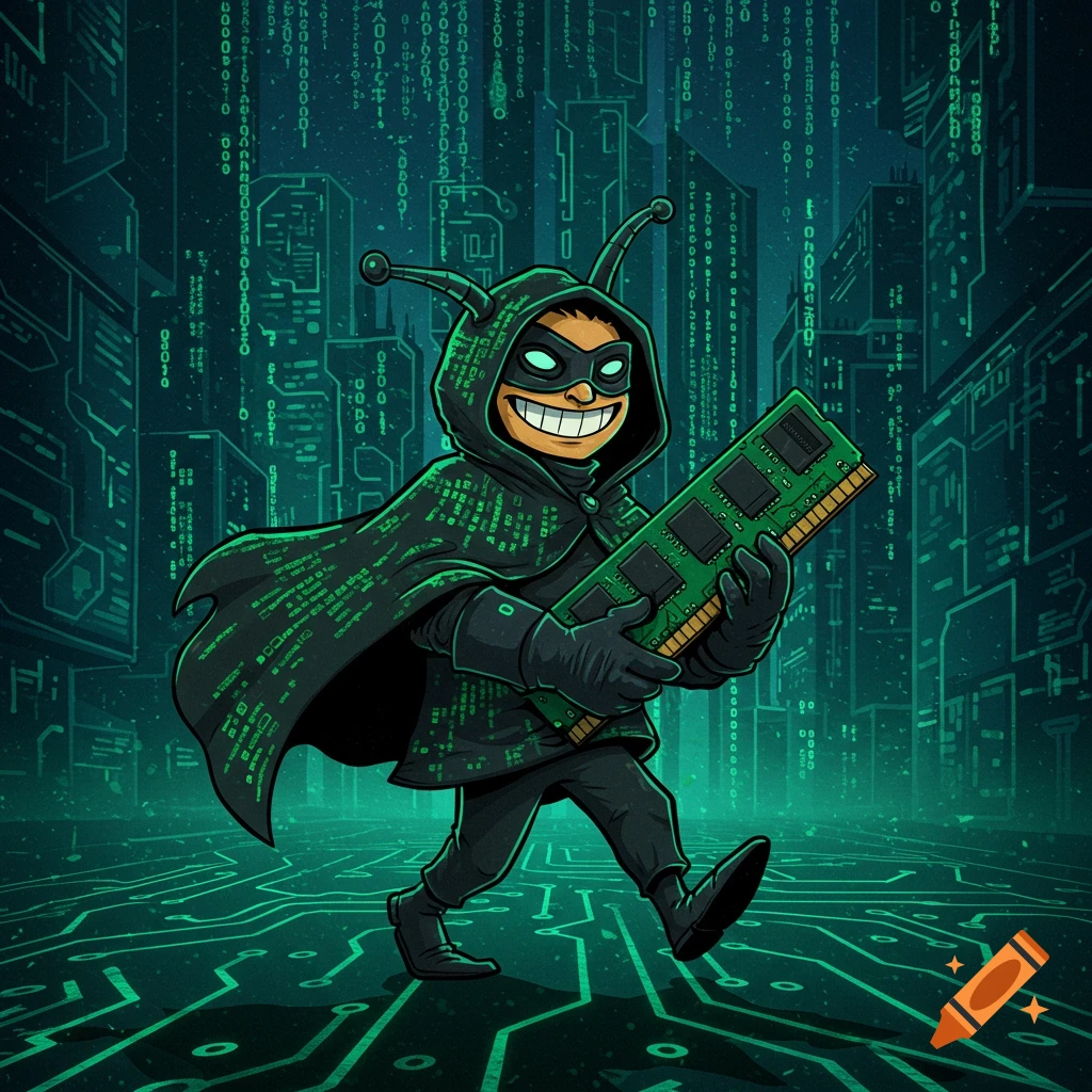 A grinning cartoon character in a dark, code-patterned cloak and mask, resembling the Hamburglar, runs with a large green RAM stick through a digital, matrix-like city landscape.