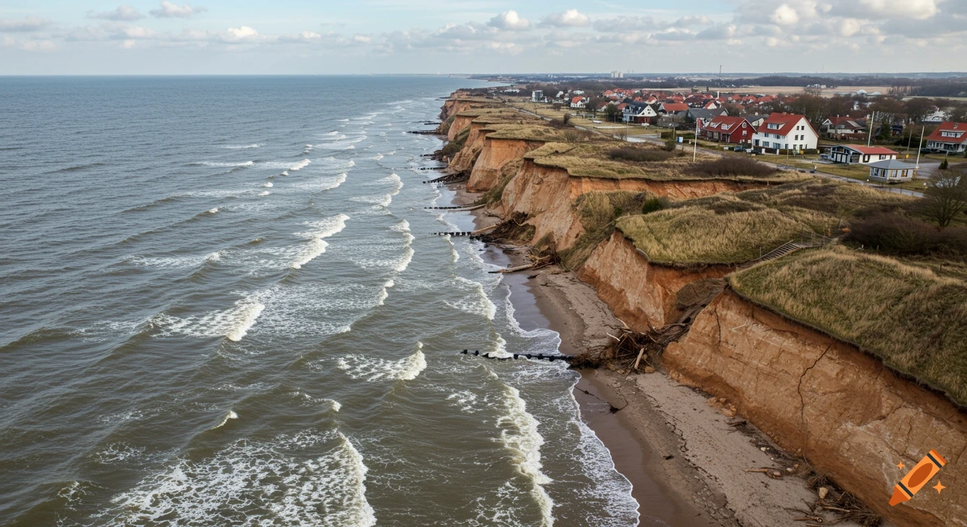 Aerial view of a dramatic coastline featuring eroded cliffs, a sandy beach, and houses situated along the clifftop, with waves rolling in from the sea.