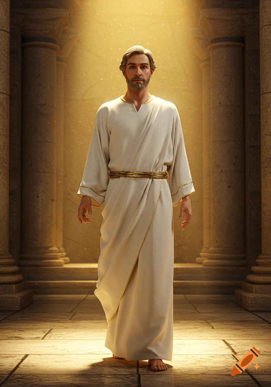 A full-body, photorealistic image of a man resembling Archangel Gabriel, in a white robe with a golden belt, standing barefoot in a columned hall bathed in golden light.