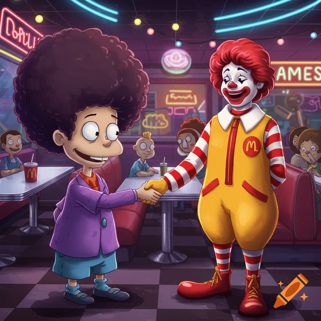 Cartoon of Drew Pickles shaking hands with Ronald McDonald in a retro diner.
