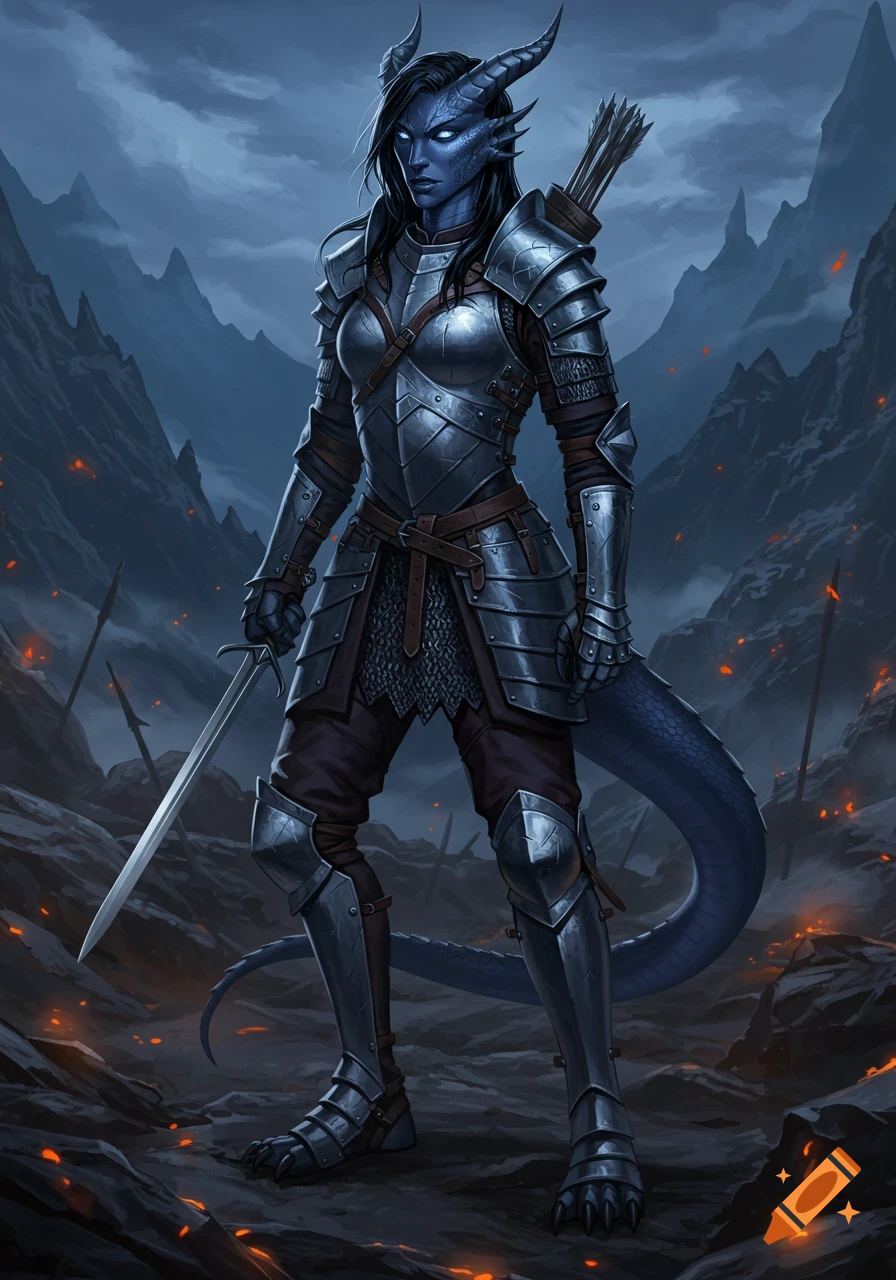 A dark blue-skinned female dragonborn warrior in silver plate armor, holding a sword, stands in a dark, rocky fantasy landscape.