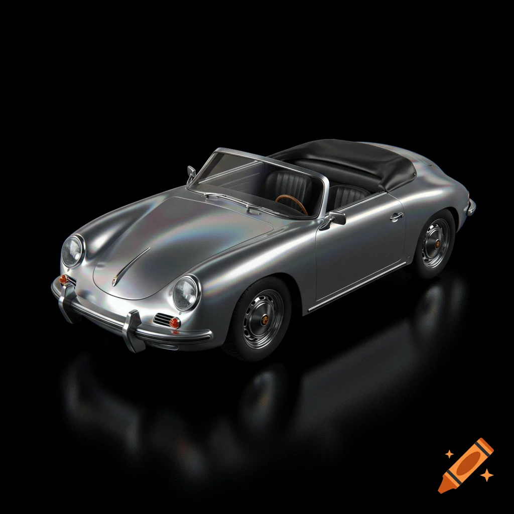 A high-quality 3D render of a shiny silver retro Porsche convertible on a pure black background.
