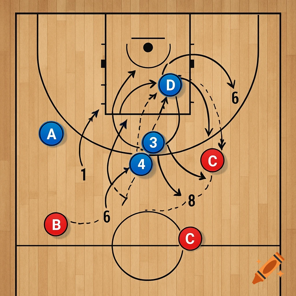Top-down basketball half-court diagram showing offensive (blue A, D, 3, 4) and defensive (red B, C) player movements with numbered arrows.