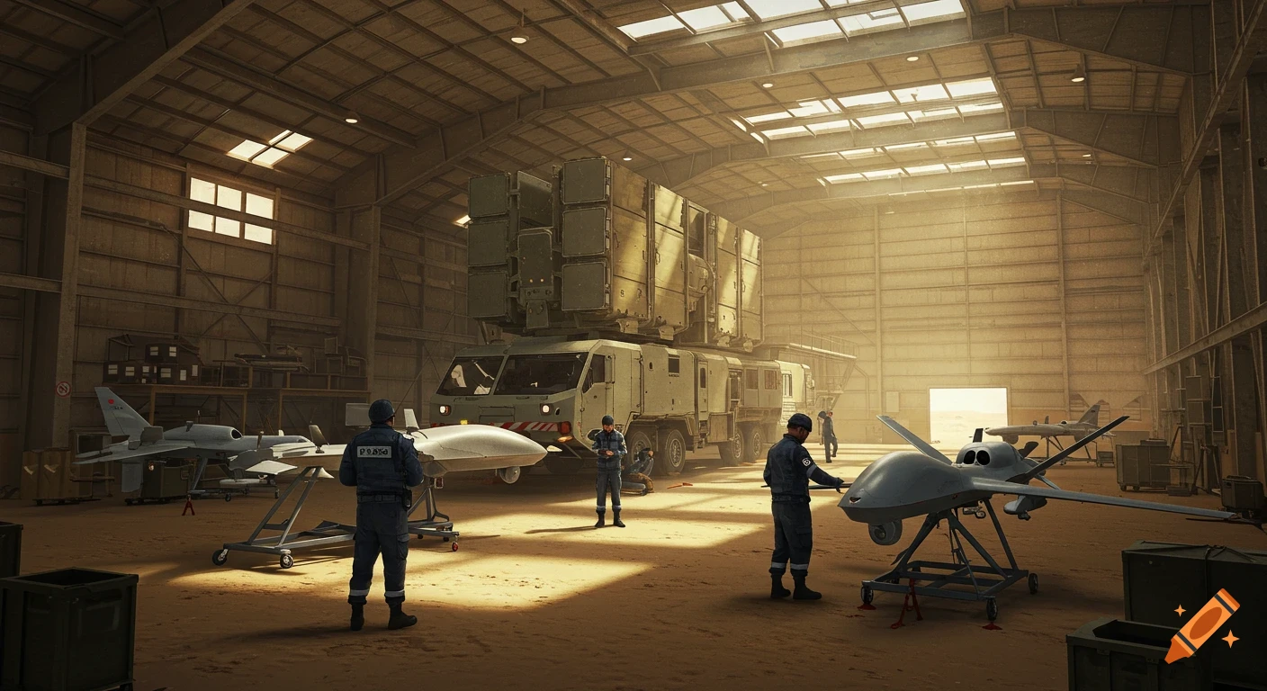 Military personnel work on drones and a mobile air defense system inside a well-lit aircraft hangar.