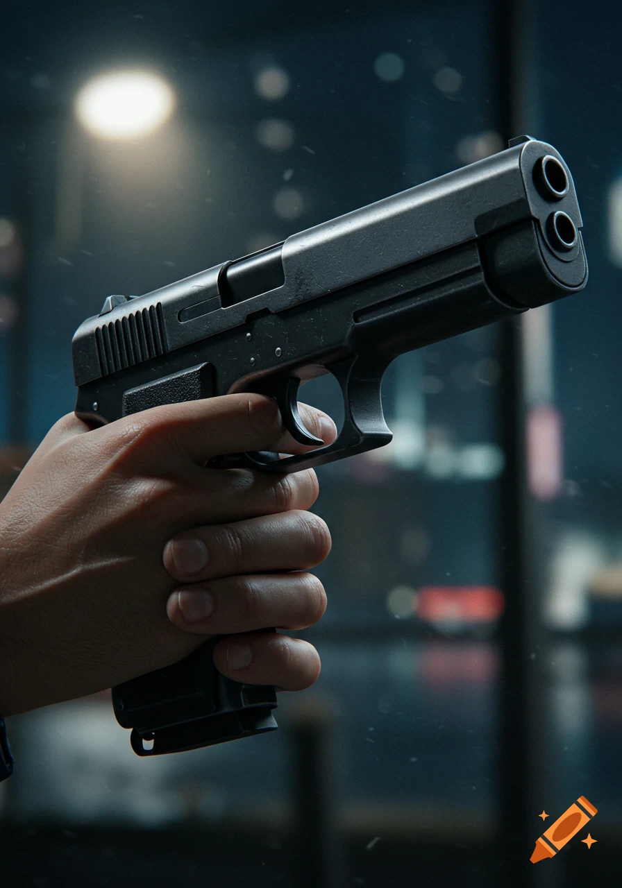 A close-up, photorealistic shot of a hand gripping a black semi-automatic pistol, with a blurred city background at night.