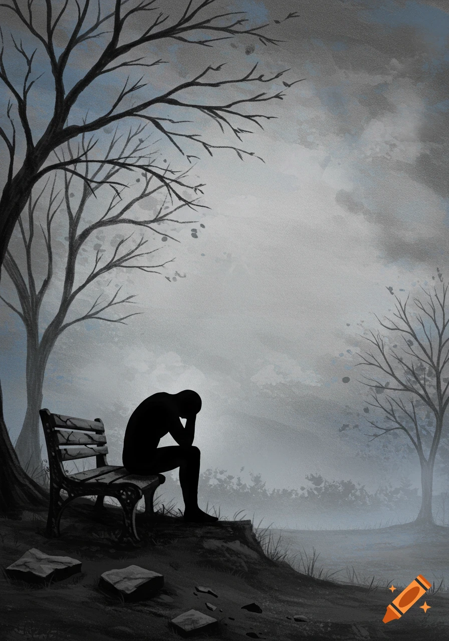 A silhouette of a person sitting on a broken bench under bare trees in a misty, melancholic drawing.