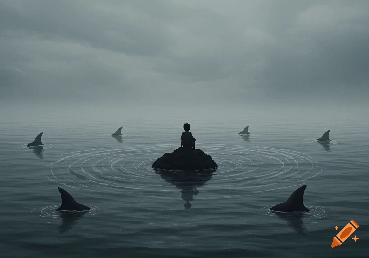 A dark silhouette of a person sits on a rock in a gloomy, misty sea, surrounded by shark fins and ripples.