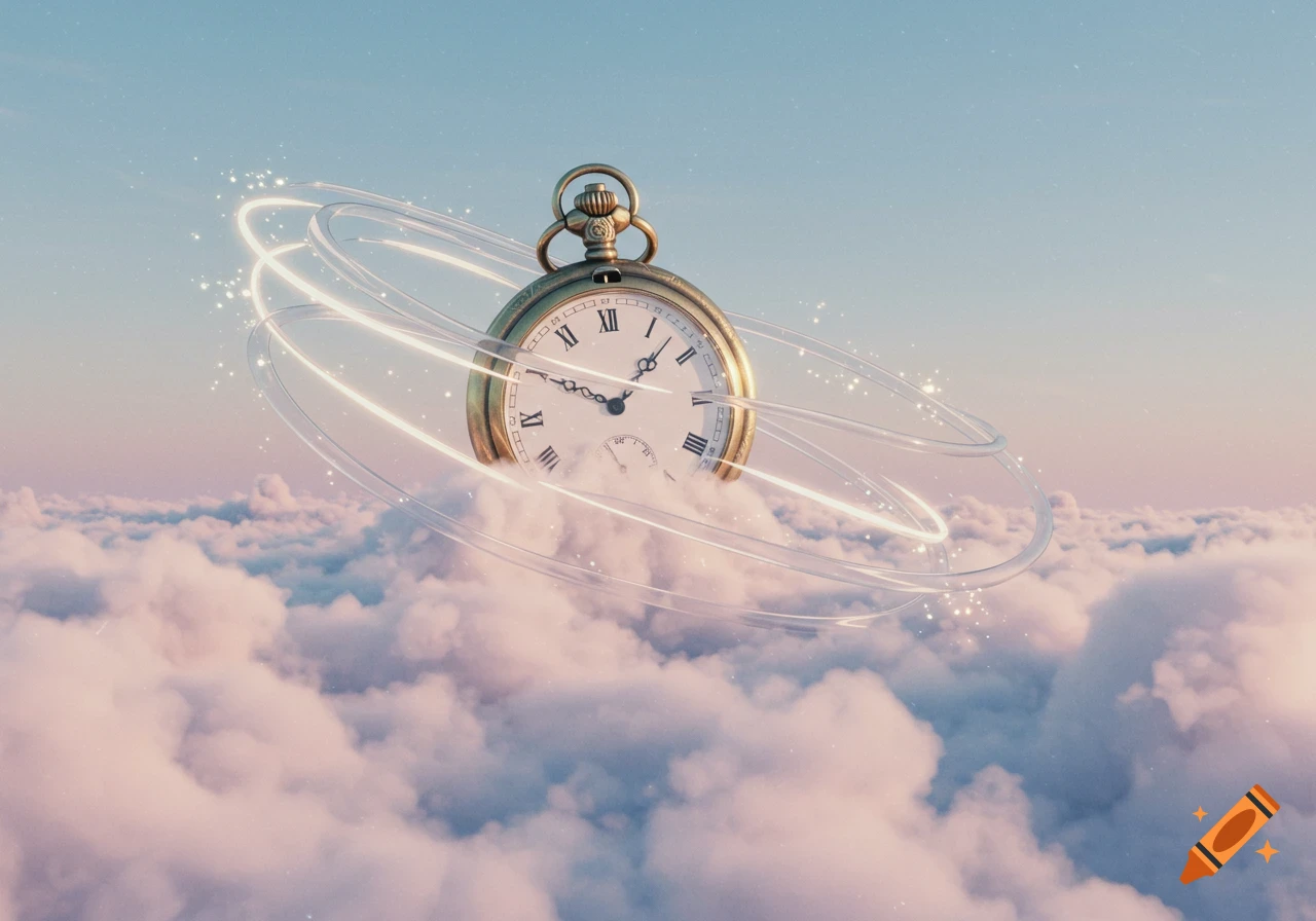 A vintage gold pocket watch floats above soft pink and blue clouds, encircled by luminous trails under a light blue sky.