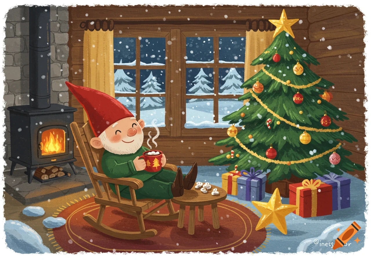 A happy cartoon gnome drinks hot chocolate by a fireplace and Christmas tree as snow falls outside a window.