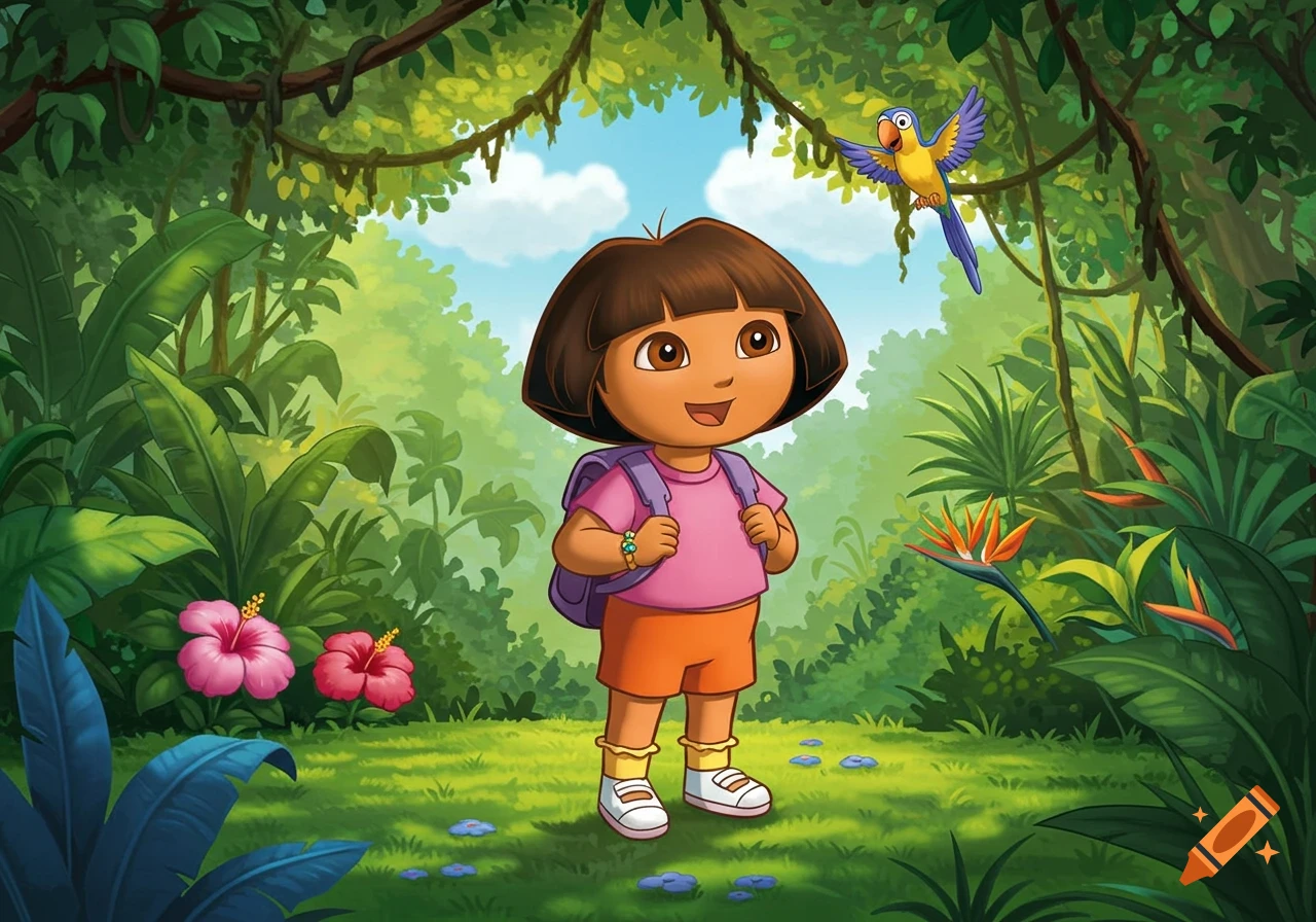 Cartoon Dora the Explorer with a purple backpack stands in a lush green jungle with a flying blue and yellow parrot.