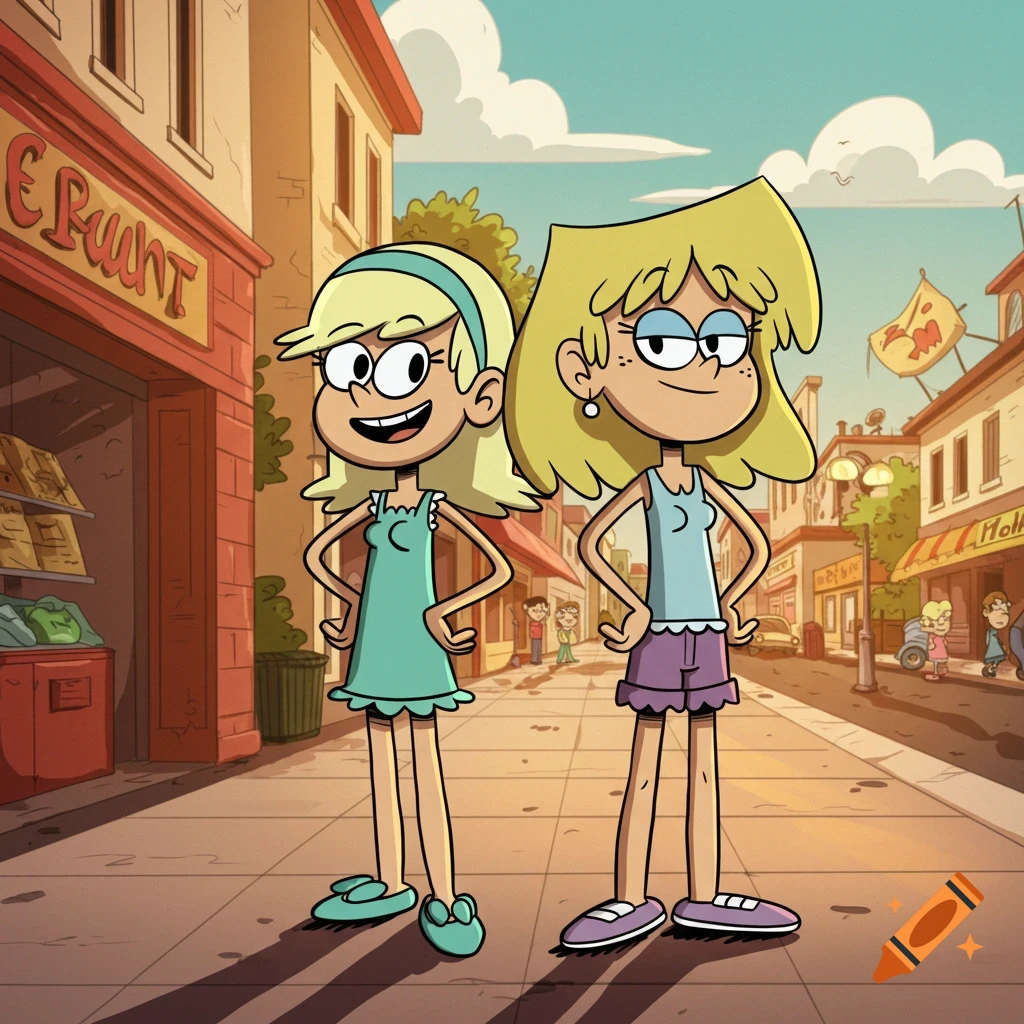 Lori and Leni Loud from The Loud House stand smiling on a cartoon street lined with buildings.