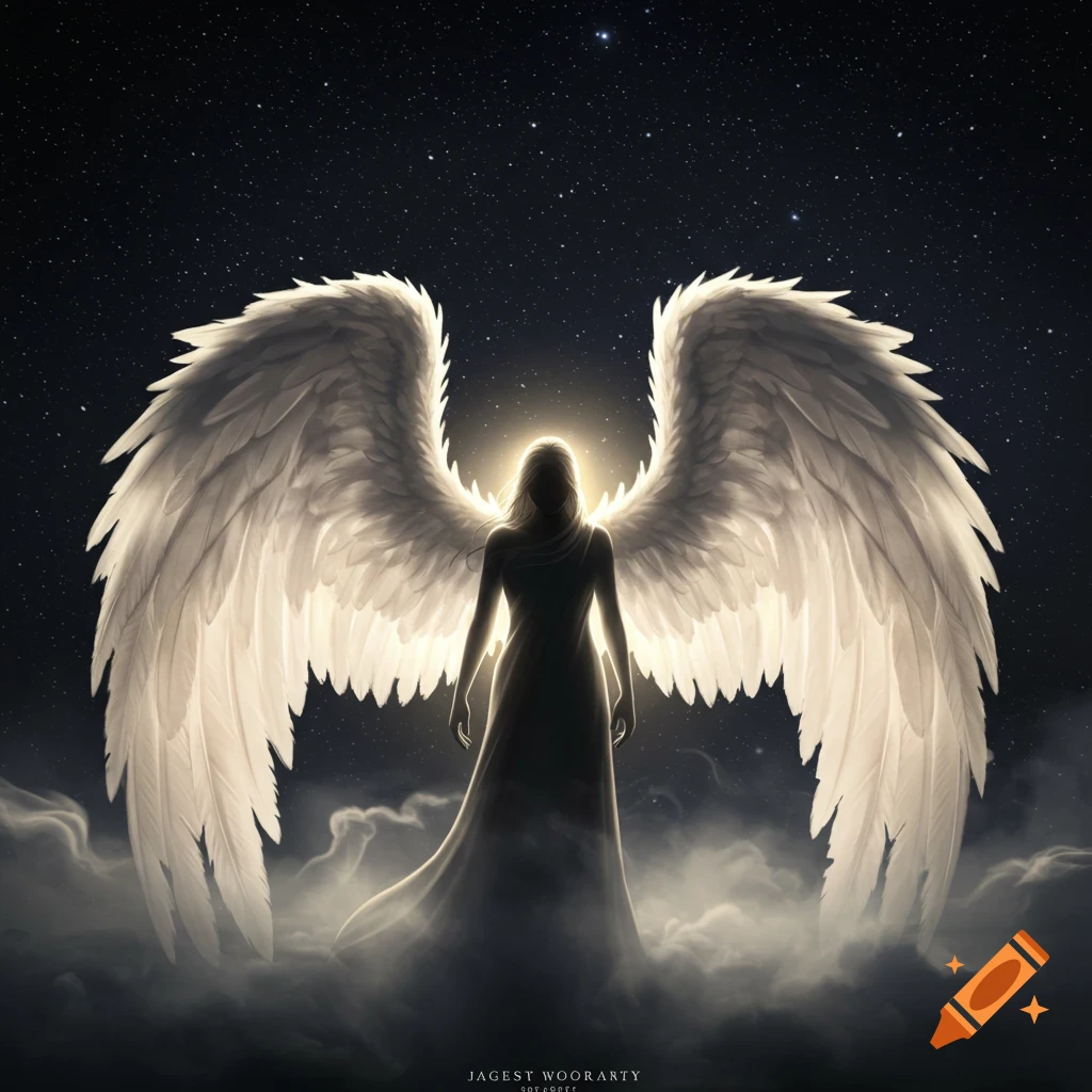 Silhouetted angel with large glowing white wings stands on clouds under a starry night sky, fantasy art style.