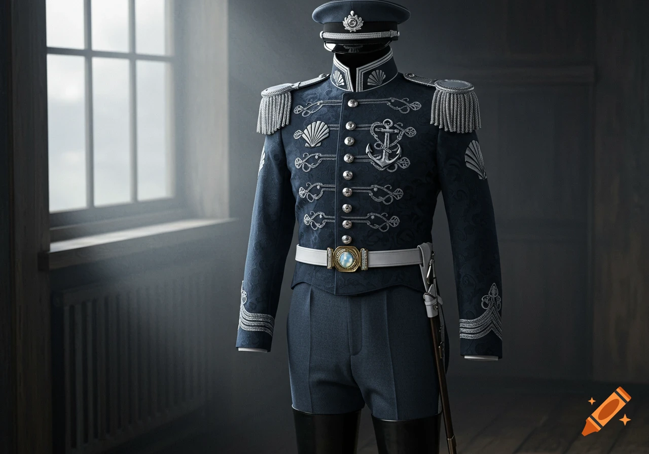 A highly detailed navy-blue military dress uniform with silver embellishments, a cap, and a sword, displayed on a mannequin in a dim room.