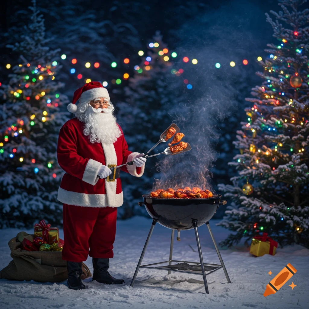 Santa Claus grills chicken outdoors in a snowy, festive night scene with colorful Christmas lights on pine trees in the background.