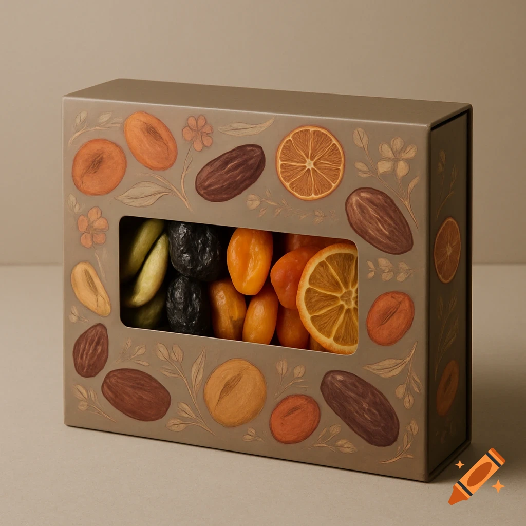 A brown gift box with a clear window displaying colorful dried fruits, decorated with illustrative patterns of dried fruits and flowers.