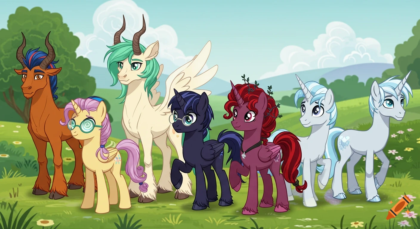A lineup of seven diverse My Little Pony style characters, including unicorns, pegasi, and other horned creatures, standing in a grassy field with trees and hills in the background.