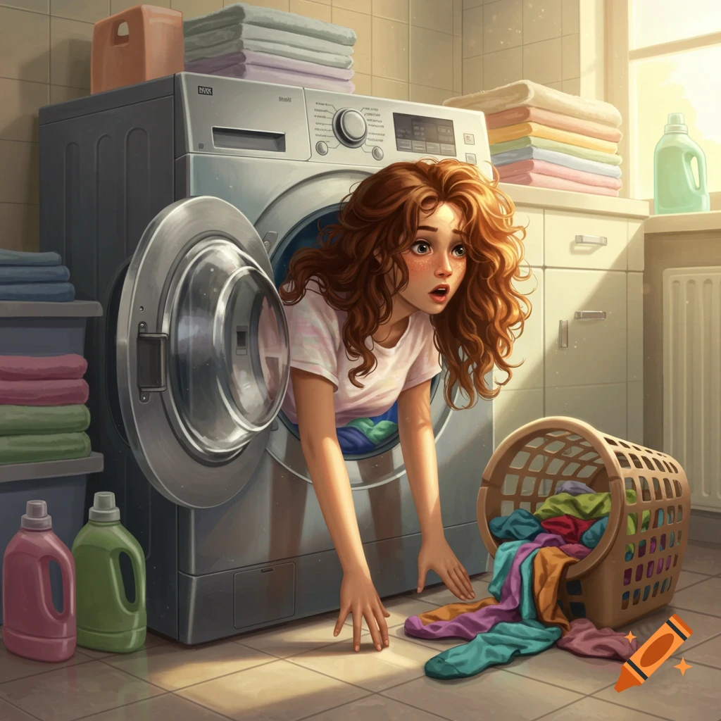 A young, red-haired woman with a surprised expression emerges from the open door of a washing machine in a sunny laundry room, surrounded by laundry.