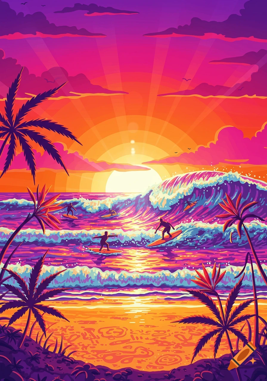 Vibrant psychedelic cartoon of surfers on multi-colored waves at sunset, with tropical plants in the foreground.