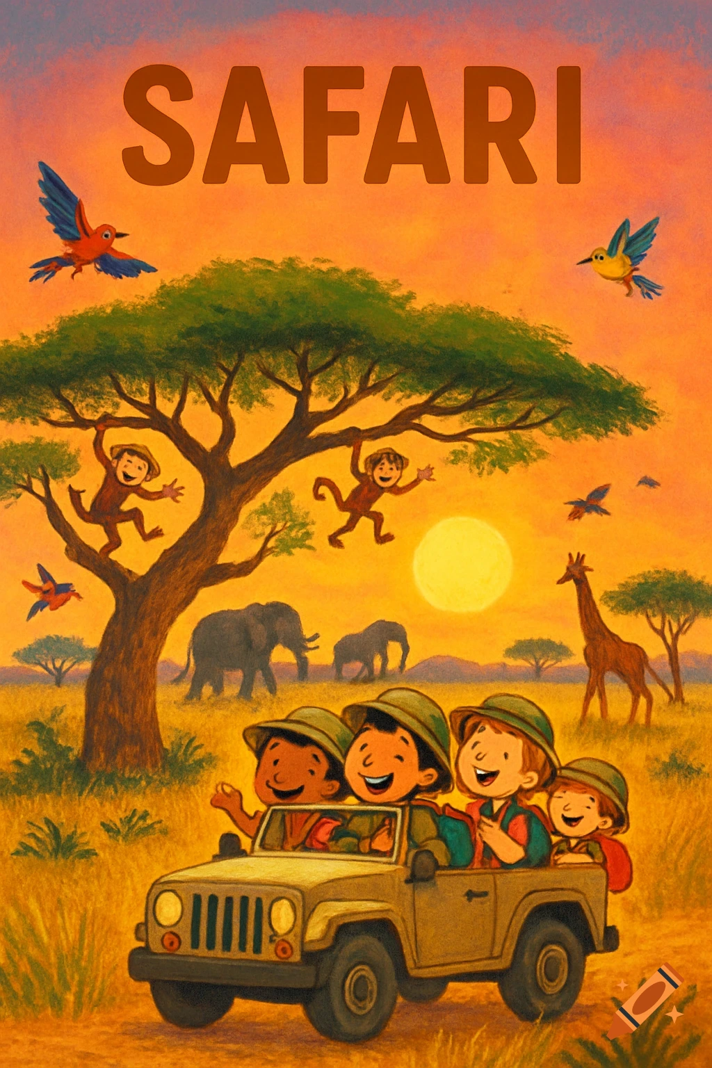 Cartoon illustration of happy children in a safari jeep, with monkeys, elephants, a giraffe, and birds on a savanna at sunset, with 'SAFARI' title.