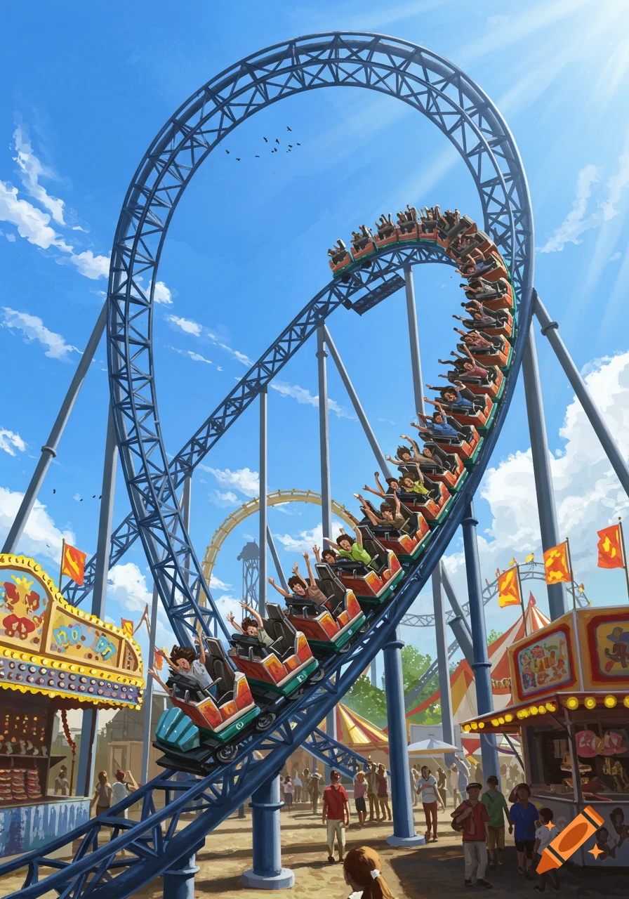 A thrilling roller coaster ride full of people looping through a sunny amusement park with other rides and stalls visible.