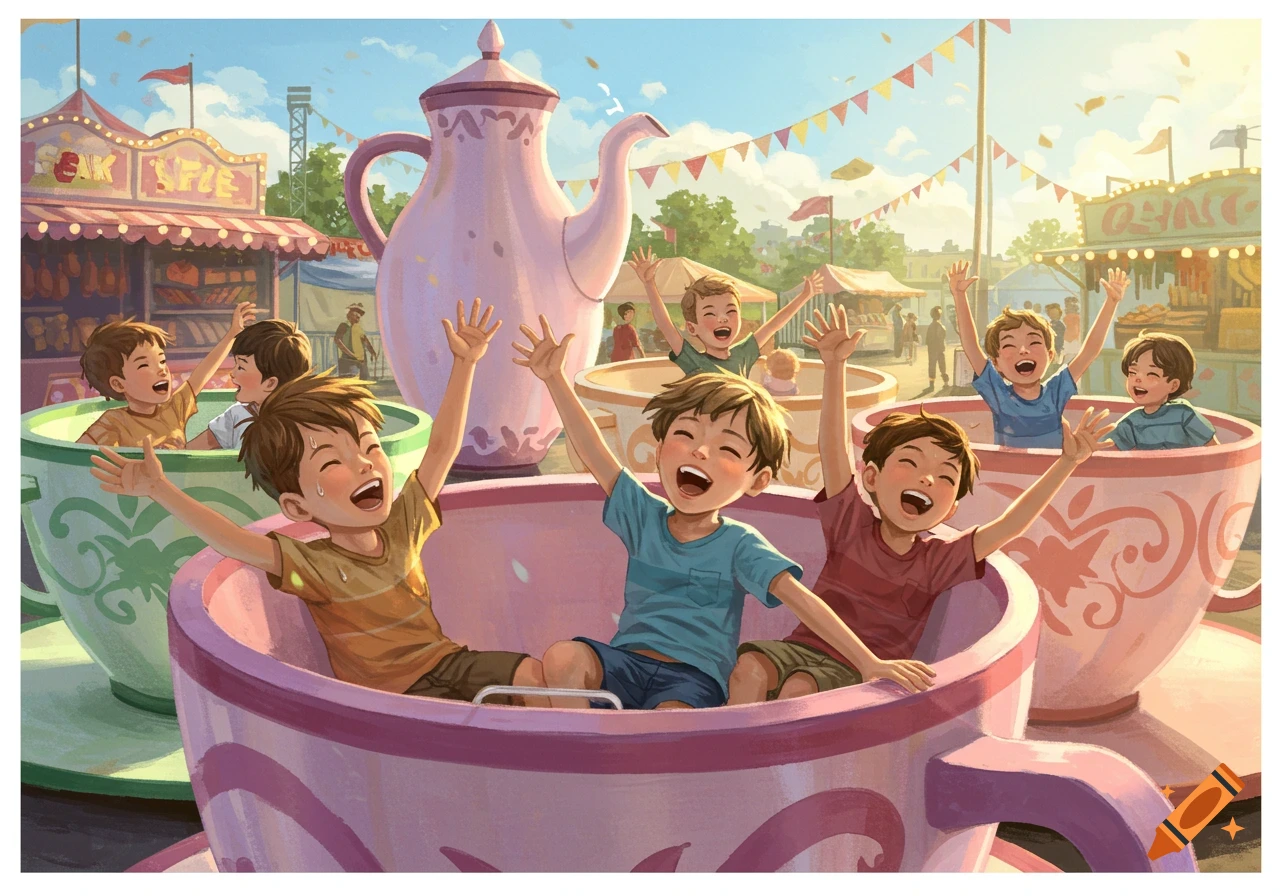 Illustration of happy young boys laughing with hands in the air on a teacup ride at a colorful amusement park.