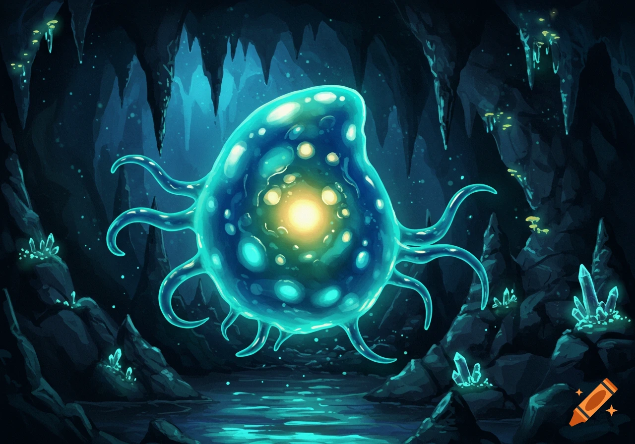 A glowing blue and yellow plasmoid creature with tentacles floats in a dark, mysterious cave illuminated by bioluminescent crystals.