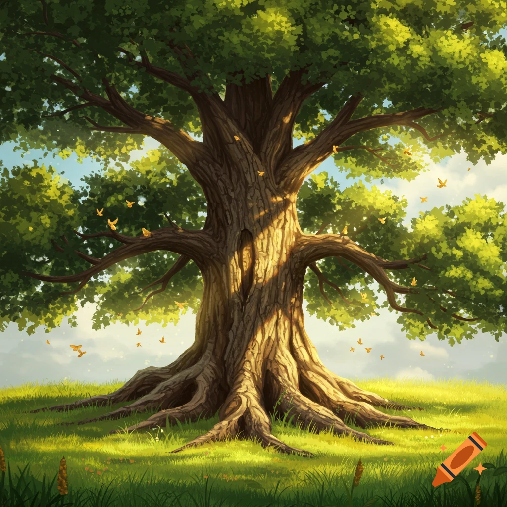 An illustrative painting of a grand oak tree with wide roots, dense green foliage, and sunlight shining through its canopy on a grassy hill.