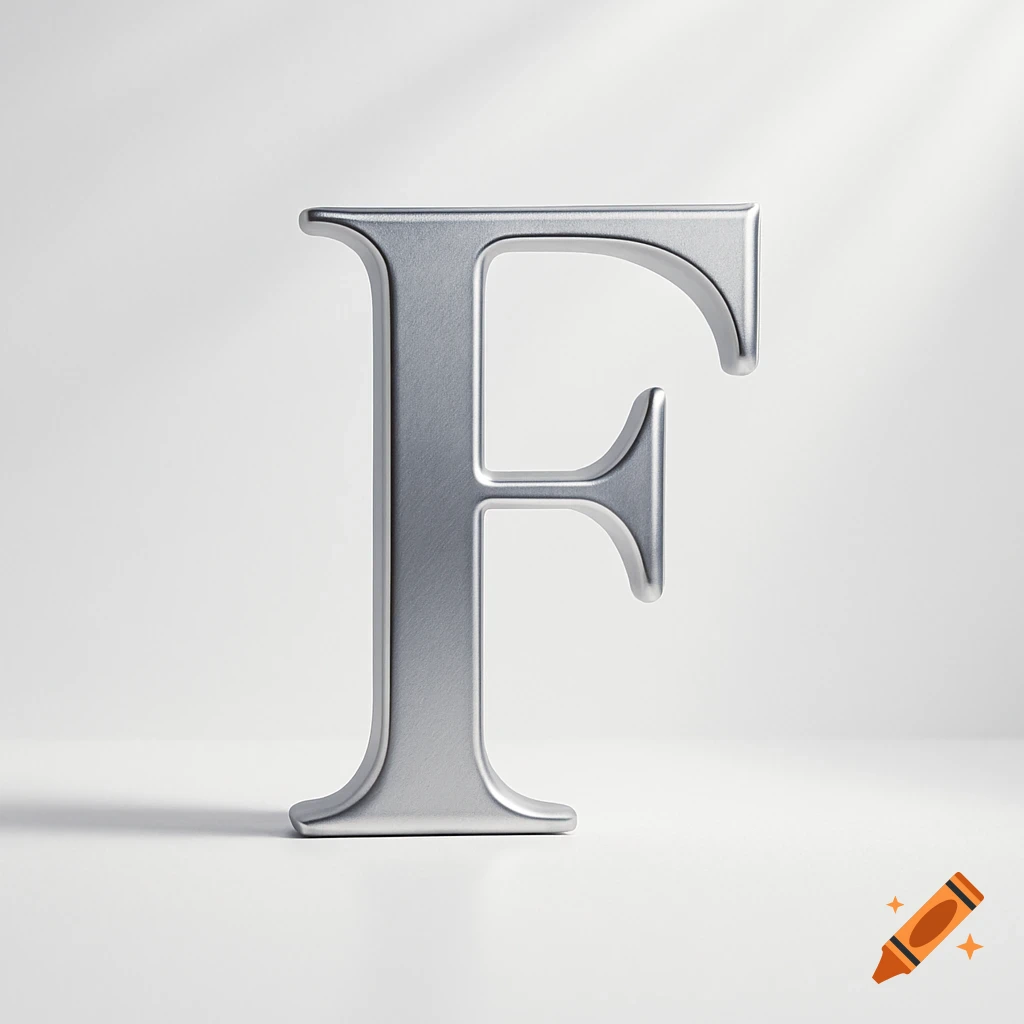 A silver-colored 3D letter F with serifs stands on a white surface against a white background with soft shadows.