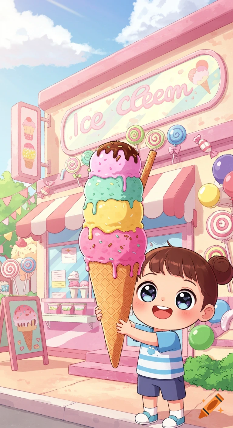 A cheerful cartoon kid holds an enormous four-scoop ice cream cone outside a pastel ice cream shop.