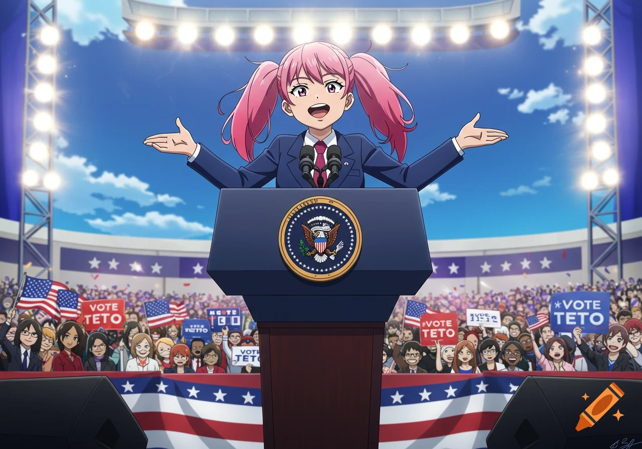 An anime girl with pink pigtails speaks from a presidential podium to a crowd holding "VOTE TETO" signs at a rally.