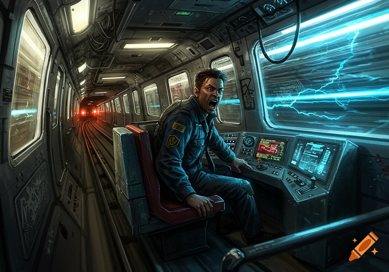 A distressed man in a uniform screams while piloting a futuristic subway train with glowing blue electricity outside.