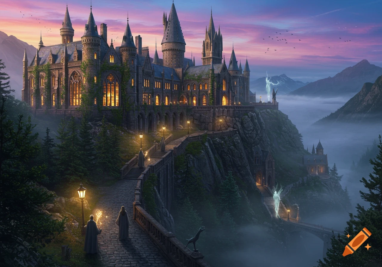A majestic magical castle sits atop a cliff, illuminated by glowing ...