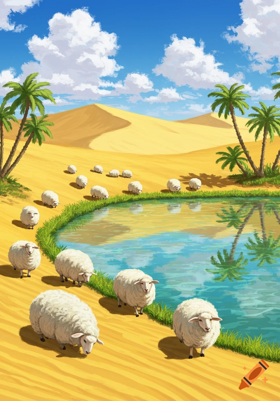 Illustrative scene of sheep at a desert oasis with palm trees under a blue, cloudy sky.