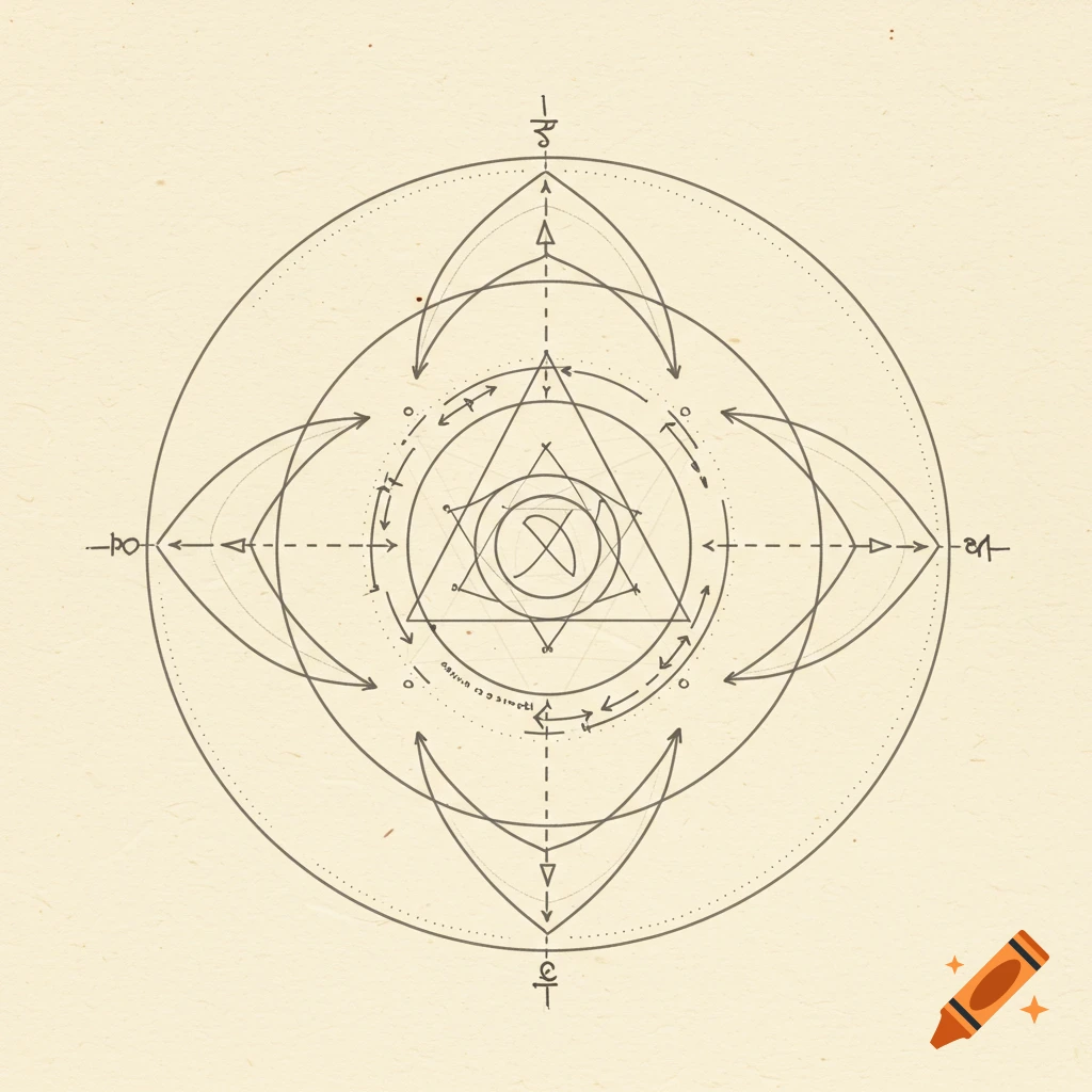 A detailed geometric symbolic glyph featuring nested circles, triangles, and curving arrows on a light parchment texture background, evoking a mystical diagram.