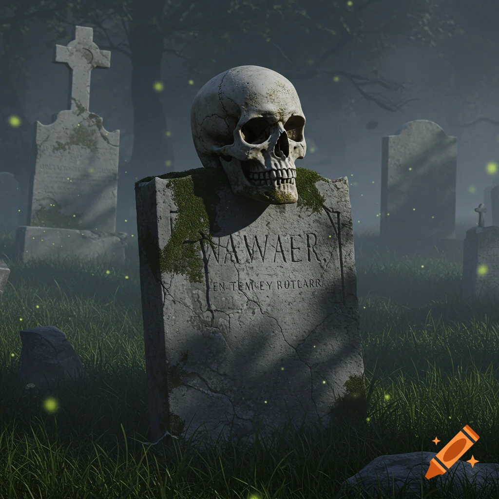A realistic human skull rests on a mossy gravestone in a foggy, moonlit graveyard with glowing fireflies.