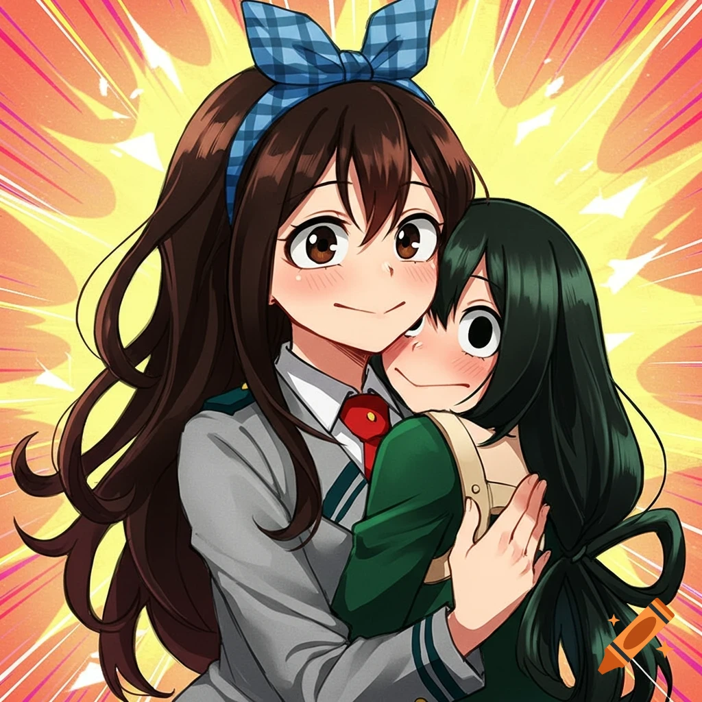An anime girl with long brown hair and a plaid headband hugs Tsuyu Asui, both in school uniforms, against a bright yellow background.